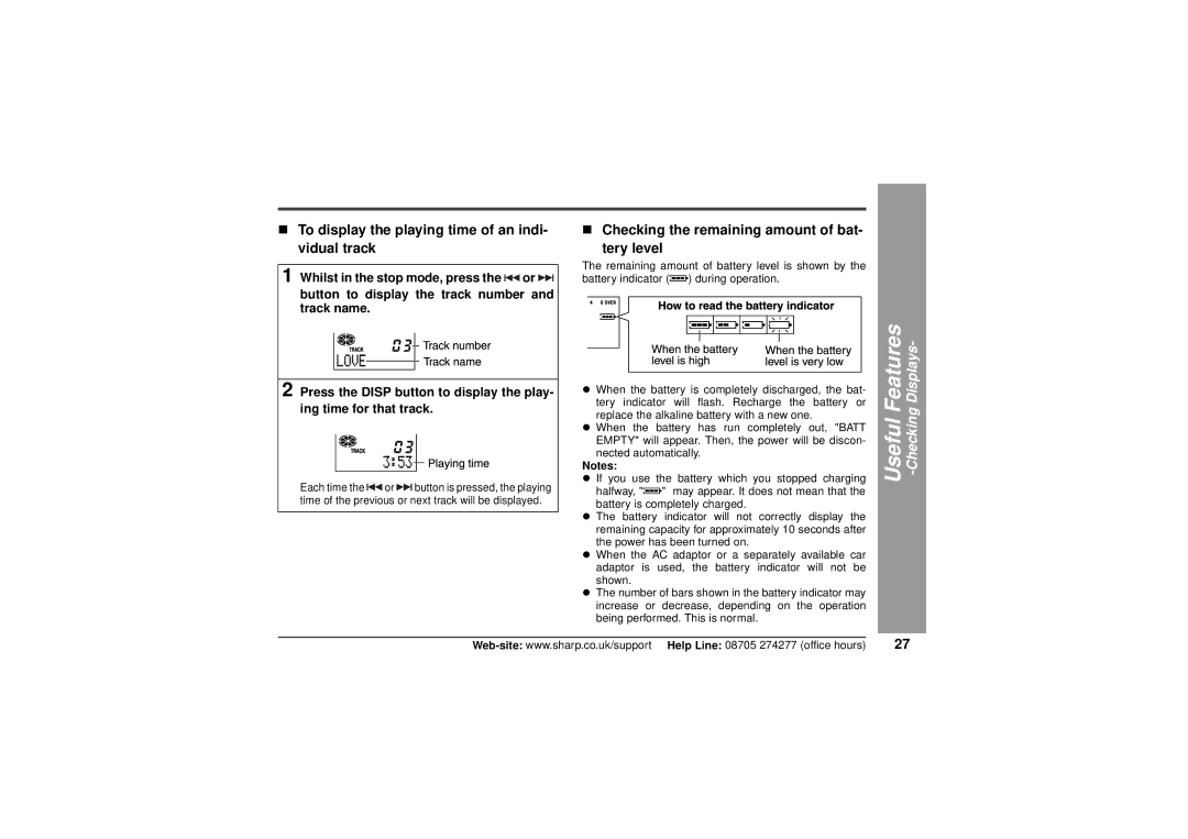 Sharp MD-MT80H Useful Features -Checking Displays, Whilst in the stop mode, press the or, Ing time for that track 