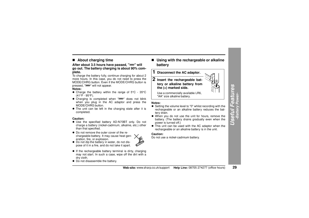 Sharp MD-MT80H operation manual „ About charging time, „ Using with the rechargeable or alkaline battery 