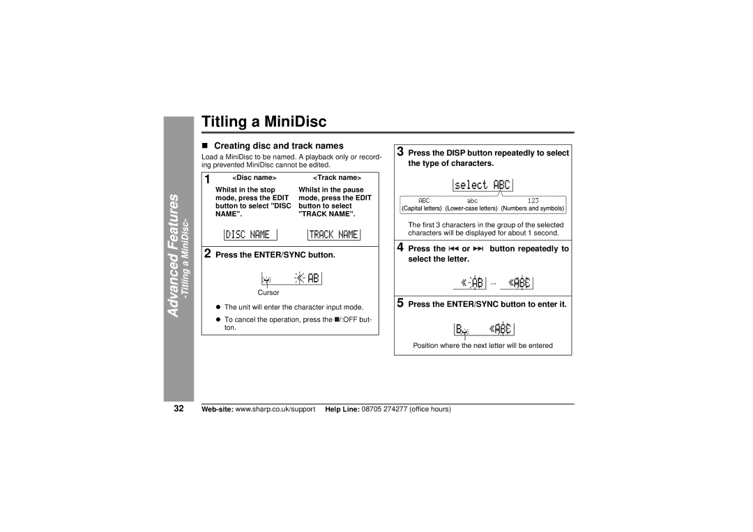 Sharp MD-MT80H operation manual Titling a MiniDisc, „ Creating disc and track names 