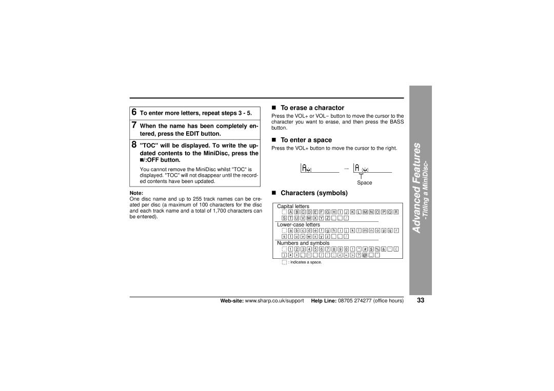 Sharp MD-MT80H operation manual „ To erase a charactor, „ To enter a space, „ Characters symbols 