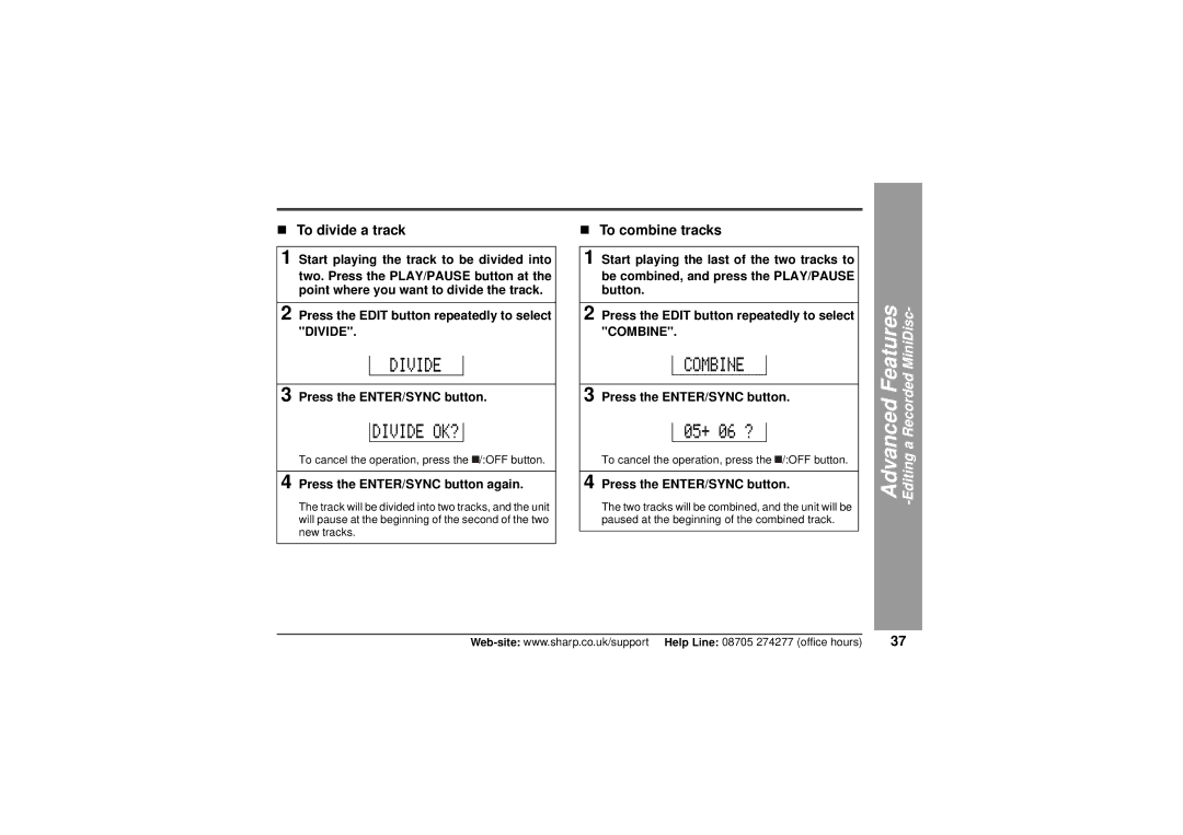 Sharp MD-MT80H operation manual „ To divide a track, „ To combine tracks 