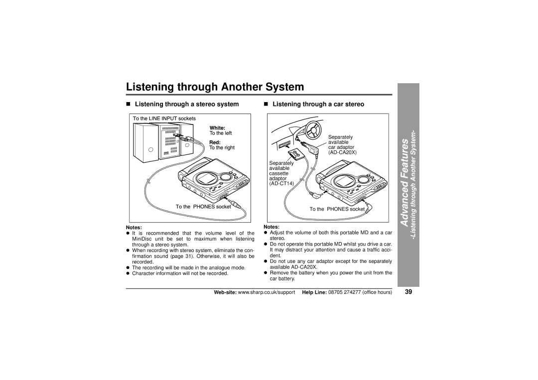 Sharp MD-MT80H Listening through Another System, „ Listening through a stereo system, „ Listening through a car stereo 