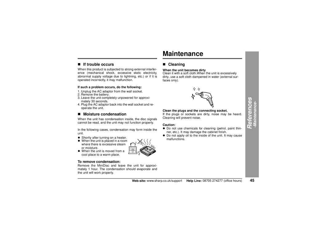 Sharp MD-MT80H operation manual Maintenance, „ If trouble occurs, „ Moisture condensation, „ Cleaning 