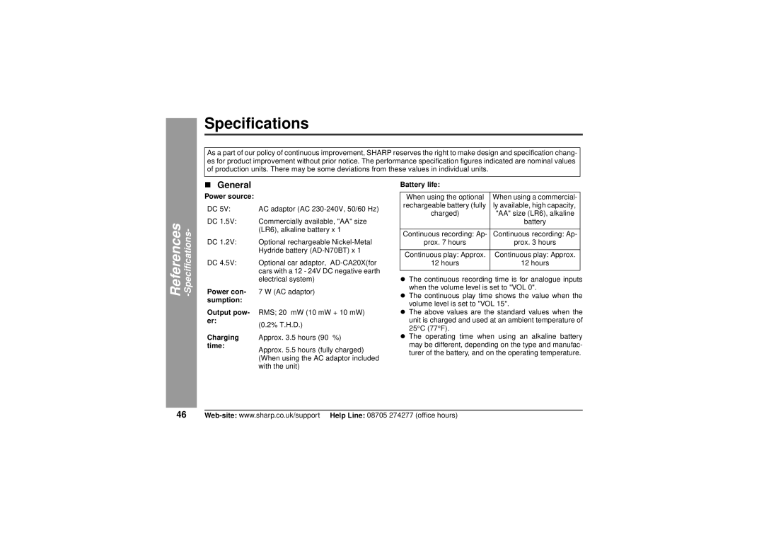 Sharp MD-MT80H operation manual Specifications, „ General, Power source, Battery life, Output pow- er 