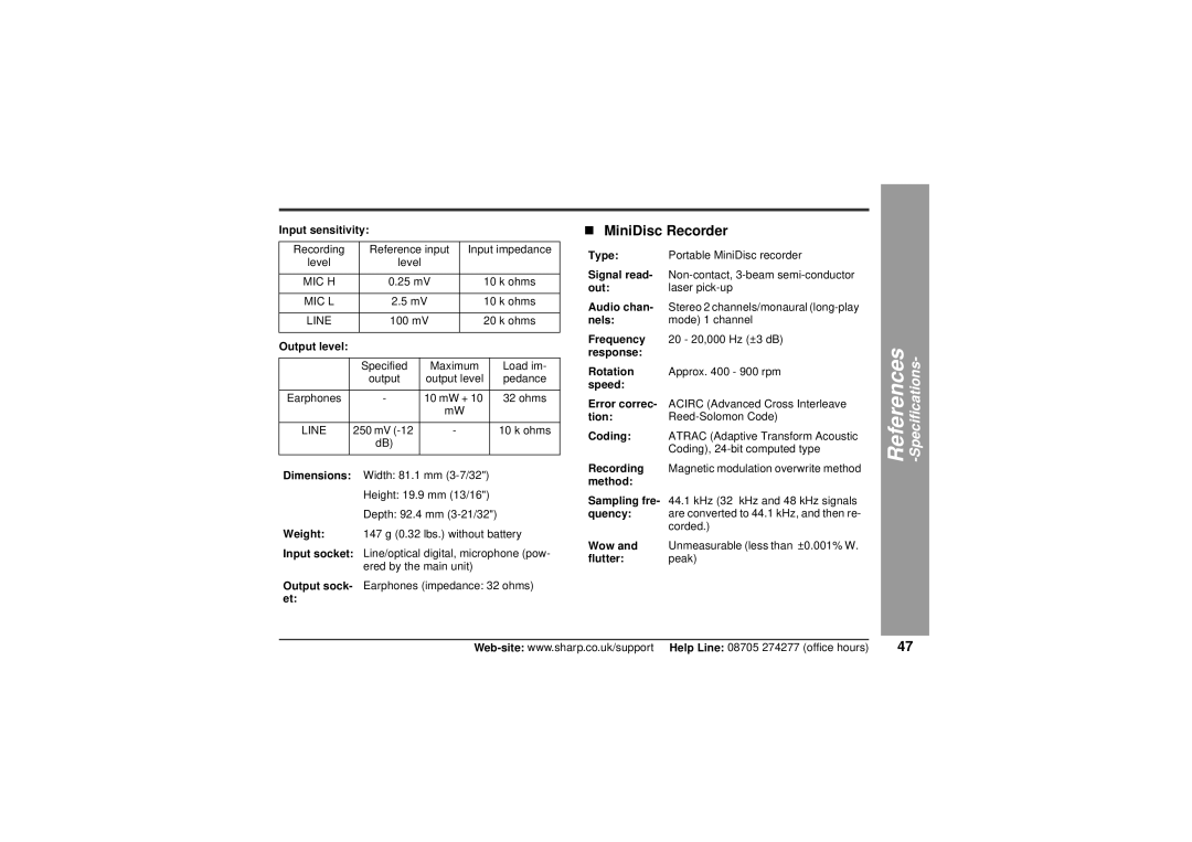 Sharp MD-MT80H operation manual „ MiniDisc Recorder, Specifications 