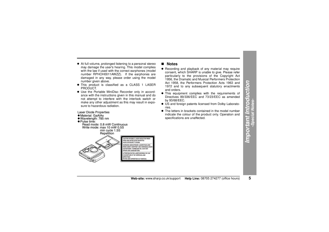 Sharp MD-MT80H operation manual „ Notes 