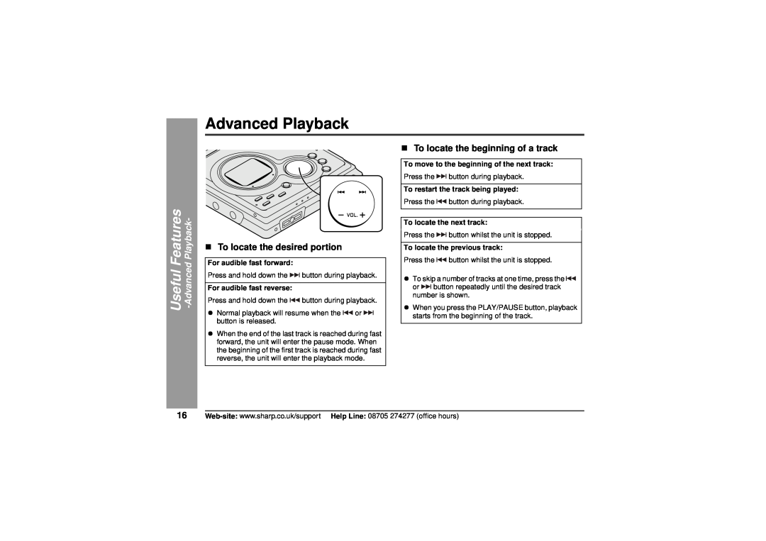 Sharp MD-MT80H operation manual Advanced Playback, Useful Features -AdvancedPlayback, „To locate the desired portion 