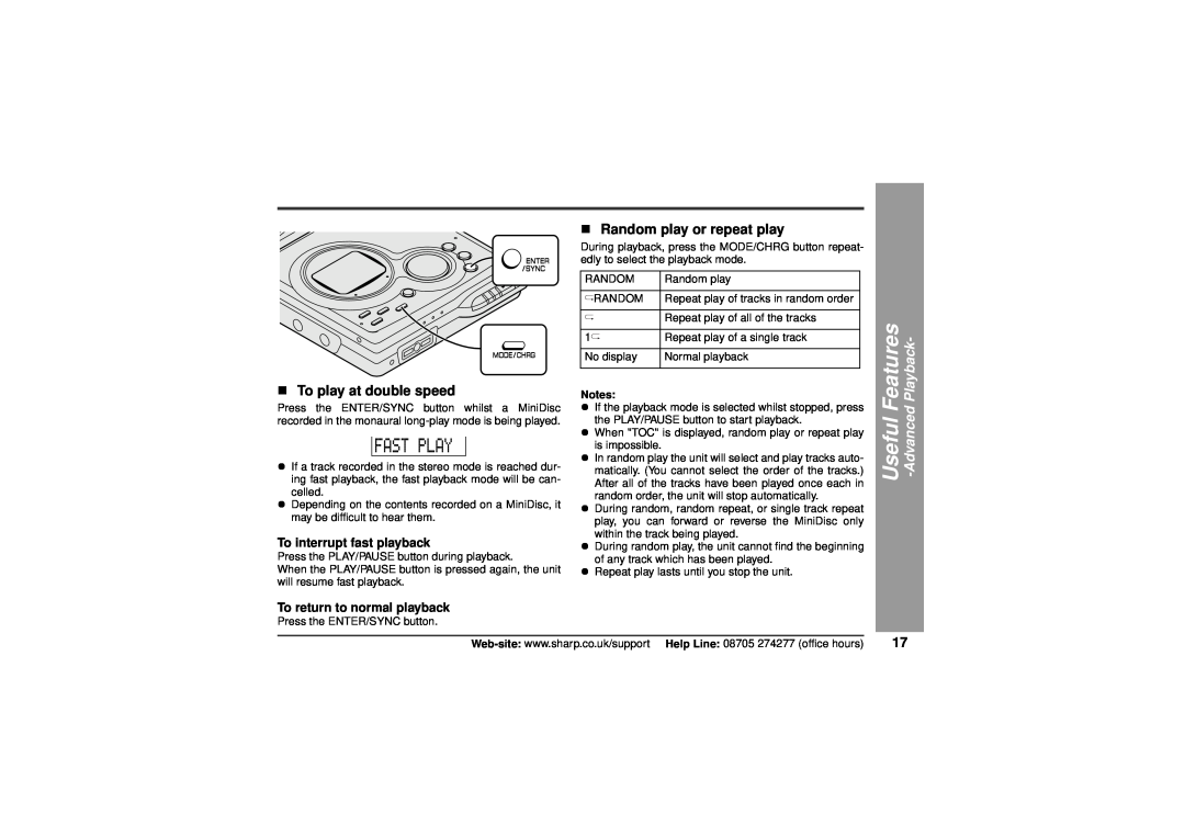 Sharp MD-MT80H operation manual „To play at double speed, „Random play or repeat play, Useful Features -AdvancedPlayback 