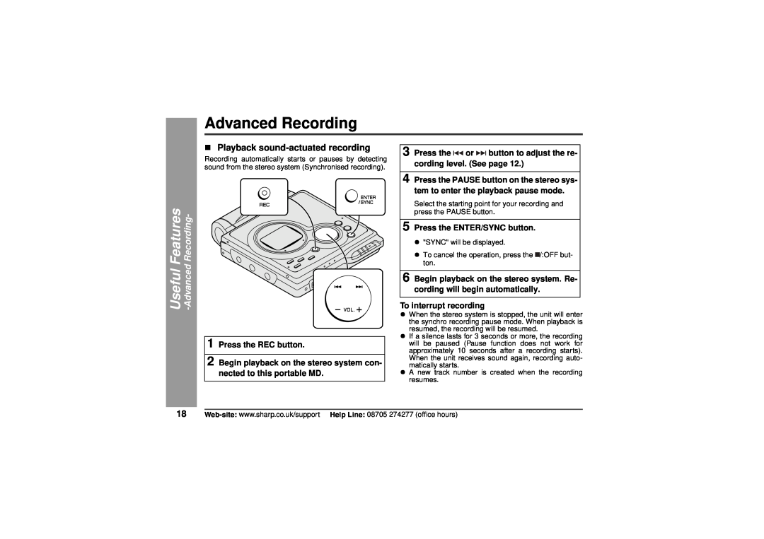 Sharp MD-MT80H operation manual Advanced Recording, Useful Features -AdvancedRecording, „Playback sound-actuatedrecording 
