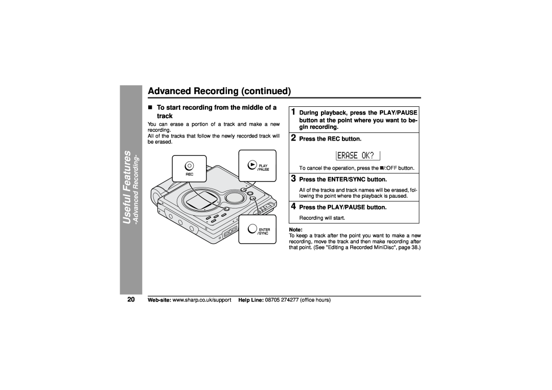 Sharp MD-MT80H operation manual Advanced Recording continued, „To start recording from the middle of a track 