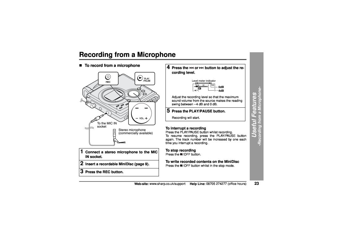 Sharp MD-MT80H Recording from a Microphone, „To record from a microphone, Useful Features -Recordingfrom a Microphone 