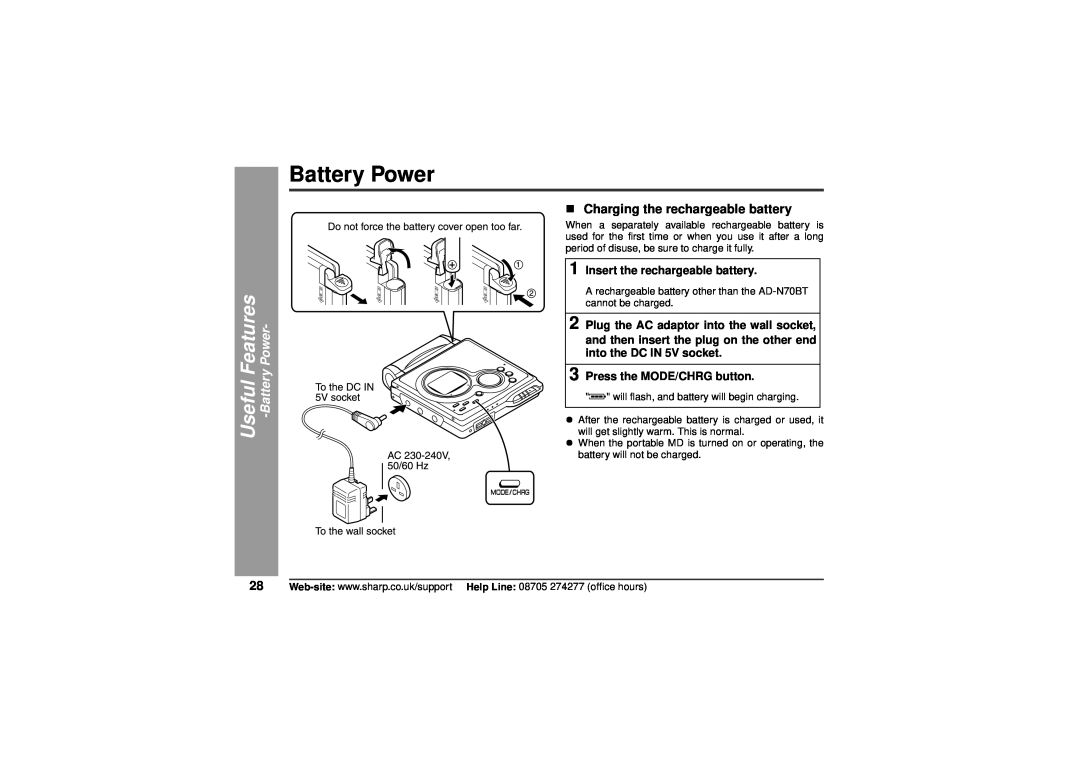 Sharp MD-MT80H operation manual Battery Power, Useful Features -BatteryPower, „Charging the rechargeable battery 