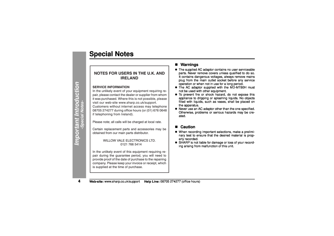 Sharp MD-MT80H operation manual Special Notes, SpecialNotes, „Warnings, „Caution, Important Introduction 
