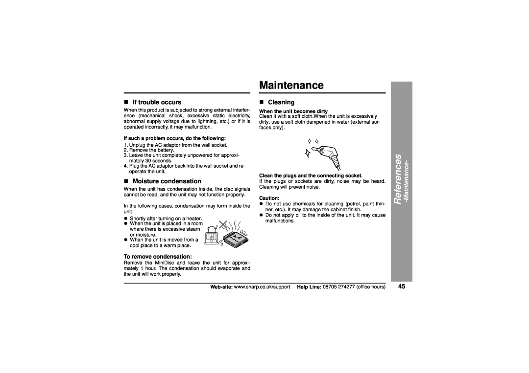 Sharp MD-MT80H operation manual Maintenance, „If trouble occurs, „Moisture condensation, „Cleaning, References 