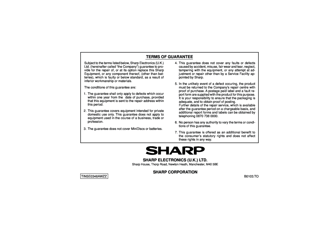 Sharp MD-MT80H operation manual Terms Of Guarantee, Sharp Electronics U.K. Ltd, Sharp Corporation 