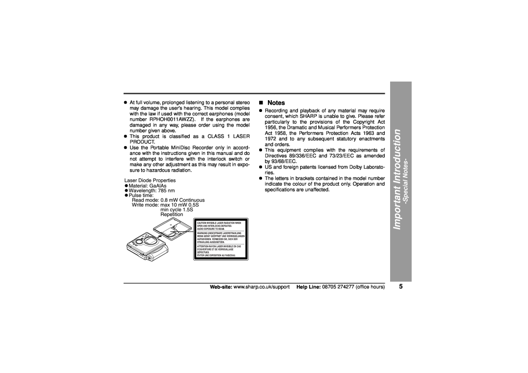 Sharp MD-MT80H operation manual „Notes, Important Introduction, SpecialNotes 