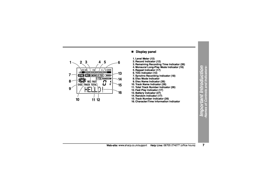 Sharp MD-MT80H operation manual „Display panel 