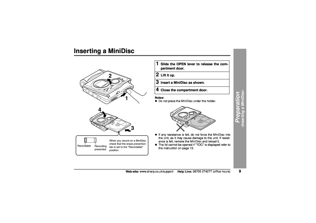 Sharp MD-MT80H operation manual Inserting a MiniDisc, Preparation 