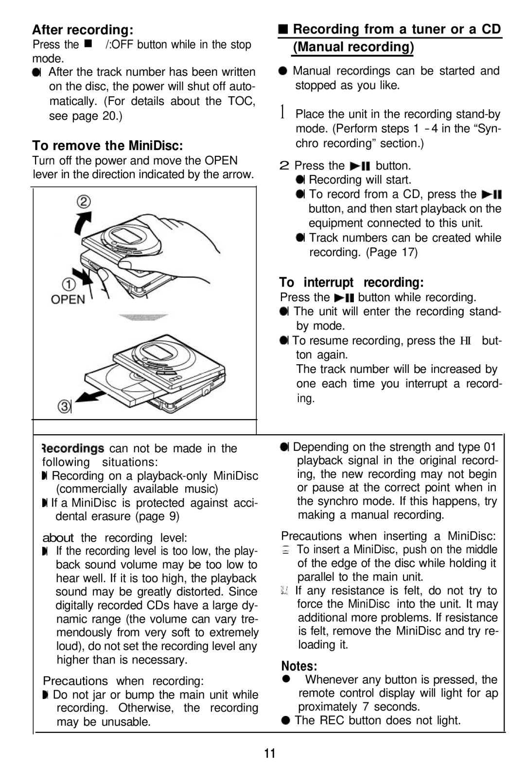 Sharp MD-MT821 manual After recording, To remove the MiniDisc, Recording from a tuner or a CD Manual recording 