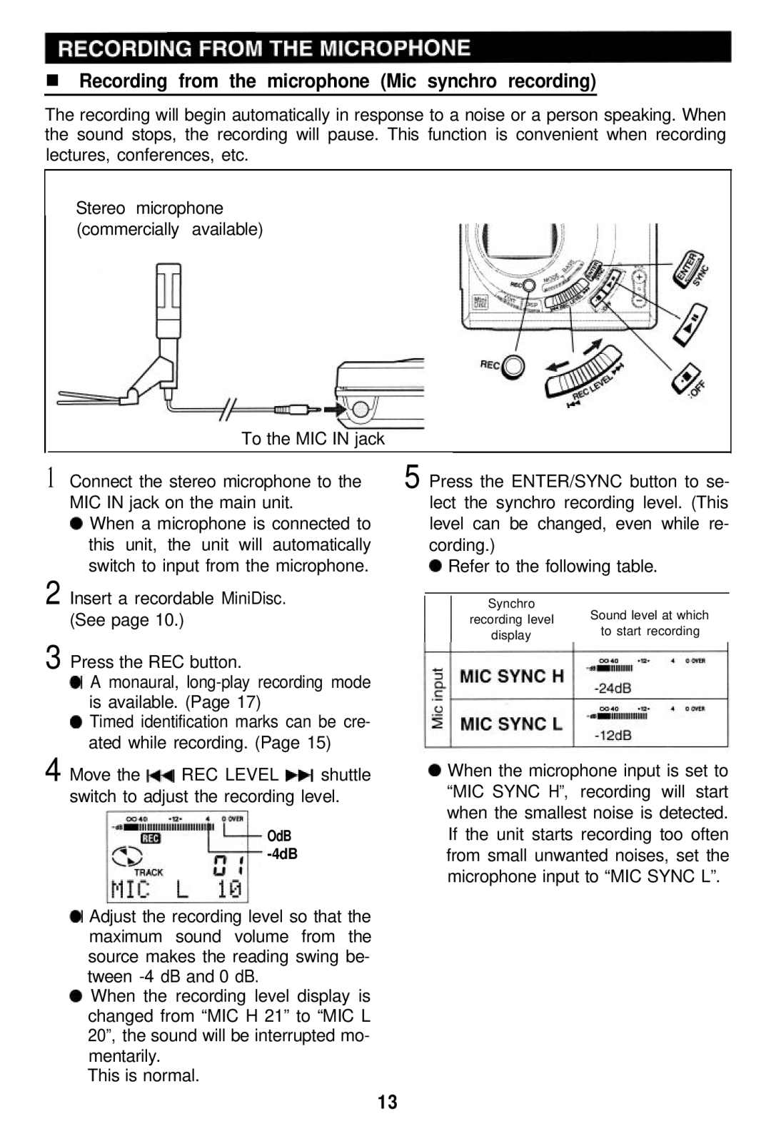 Sharp MD-MT821 manual Recording from the microphone Mic synchro recording, See 