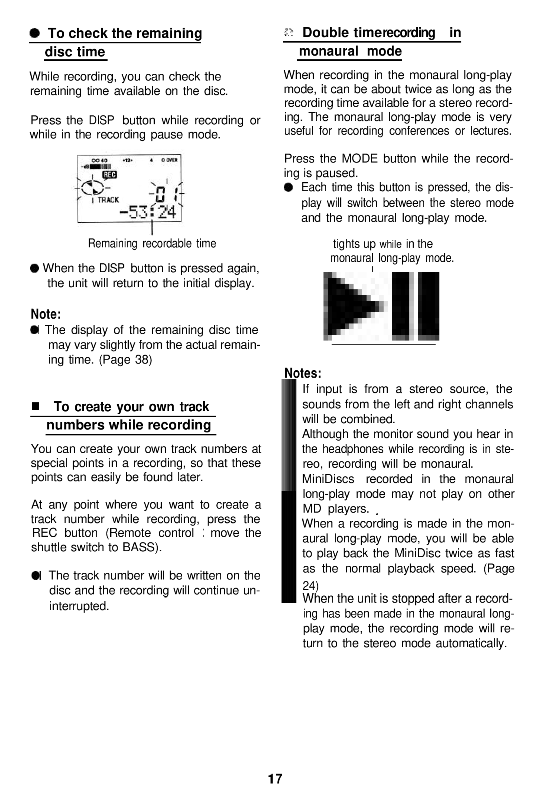 Sharp MD-MT821 manual To check the remaining disc time, Double timerecording in monaural mode 