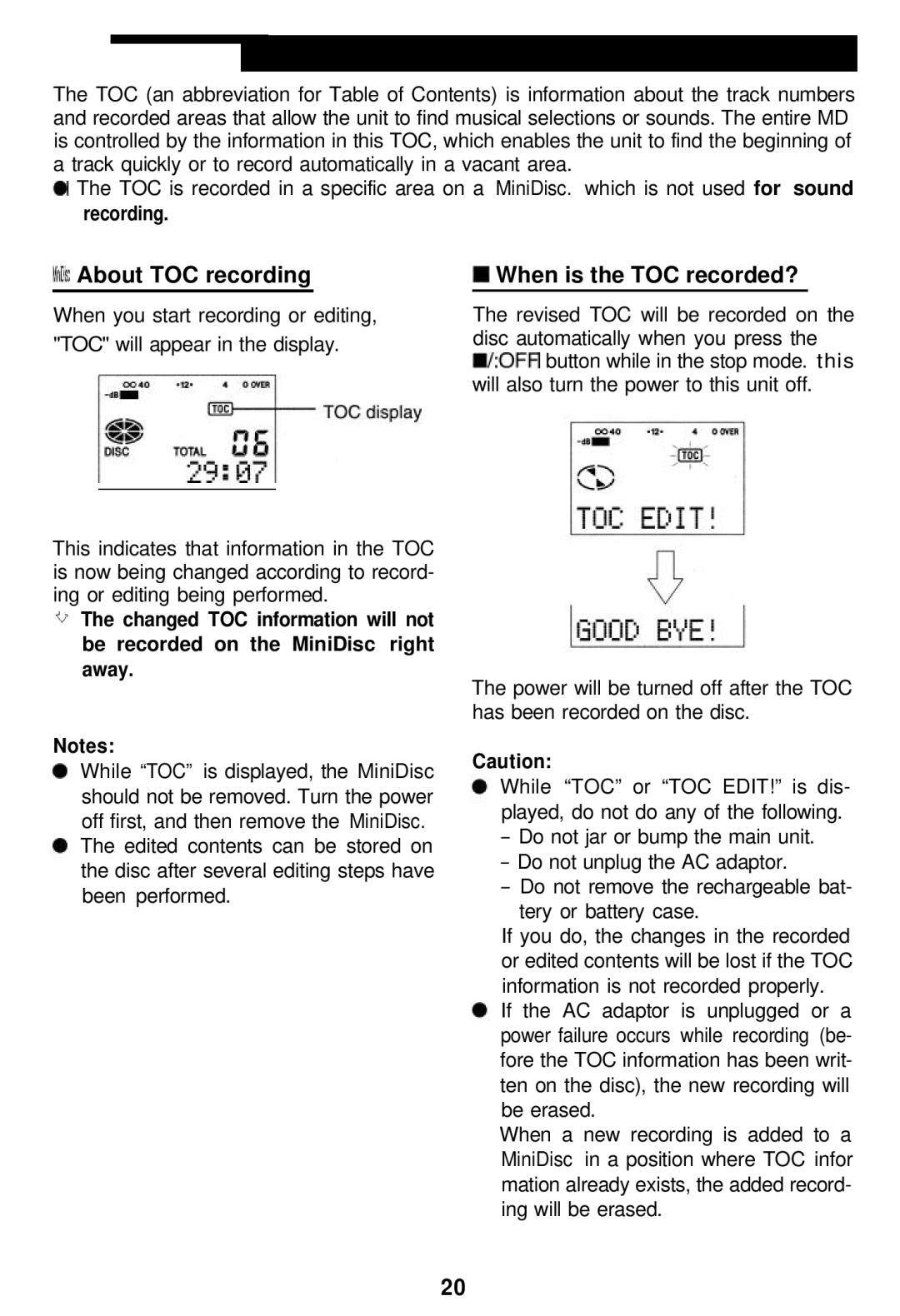 Sharp MD-MT821 manual About TOC recording, When is the TOC recorded?, Recording 