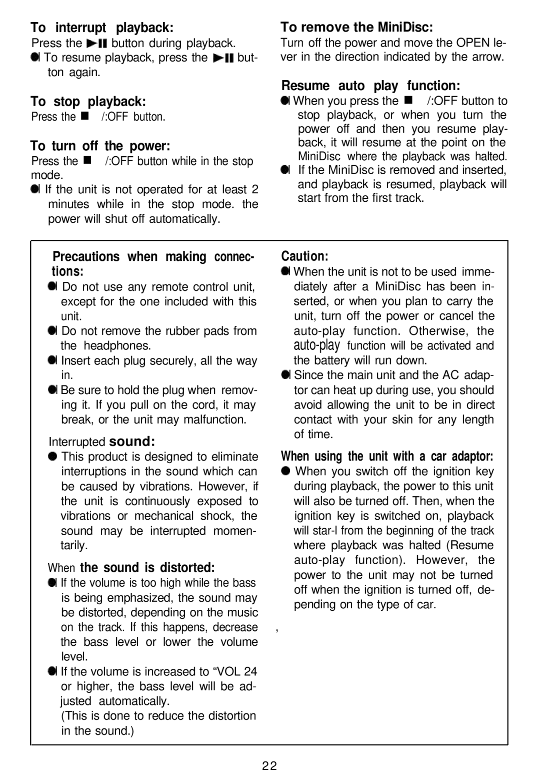 Sharp MD-MT821 manual To interrupt playback, To stop playback, To turn off the power, Resume auto play function 