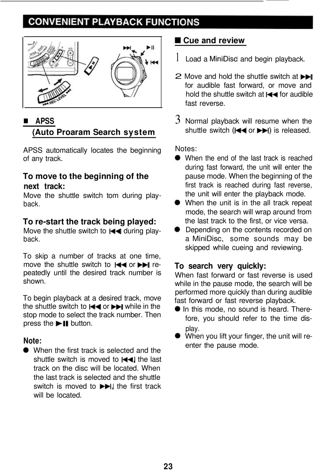 Sharp MD-MT821 manual Apss Auto Proaram Search system, To move to the beginning of the next track, Cue and review 