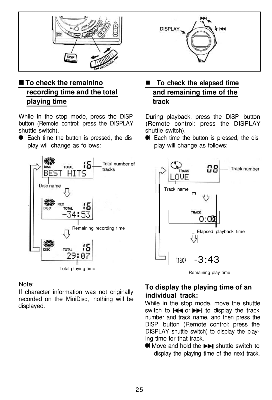 Sharp MD-MT821 manual To check the remainino, Recording time Total Remaining time Playing time Track 