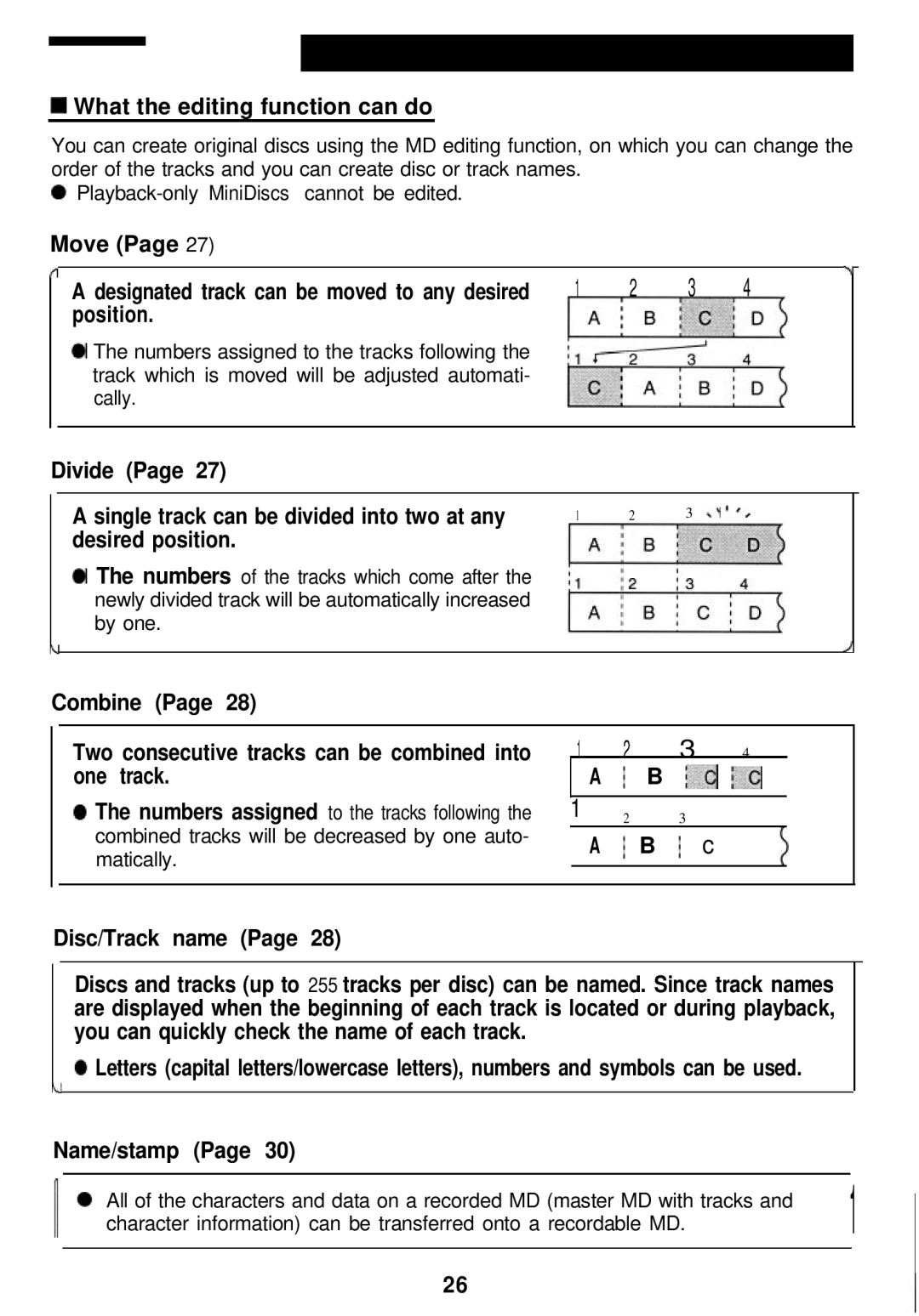 Sharp MD-MT821 manual What the editing function can do, Move, Position, Divide Single track can be divided into two at any 