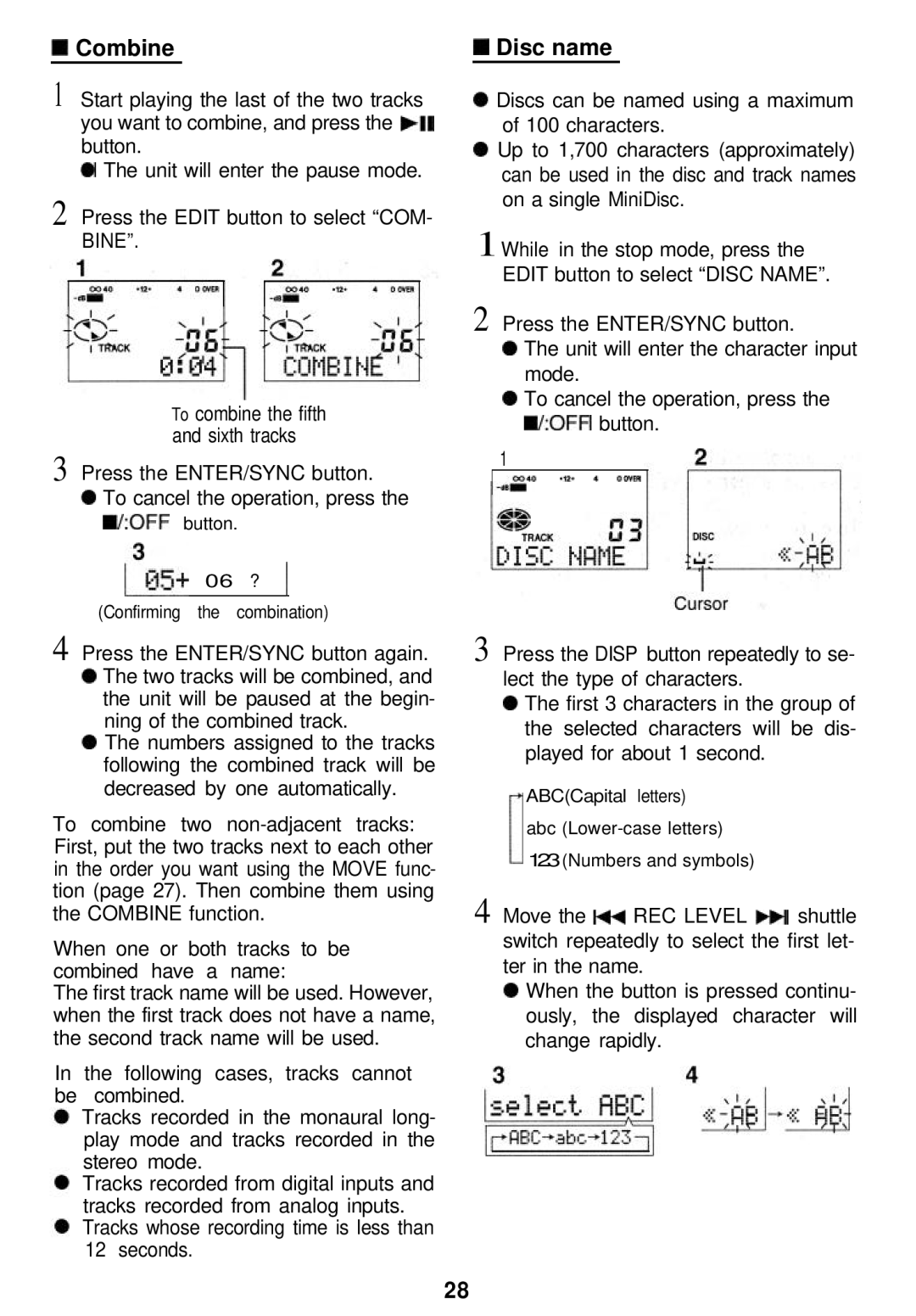 Sharp MD-MT821 manual Disc name, When one or both tracks to be combined have a name 