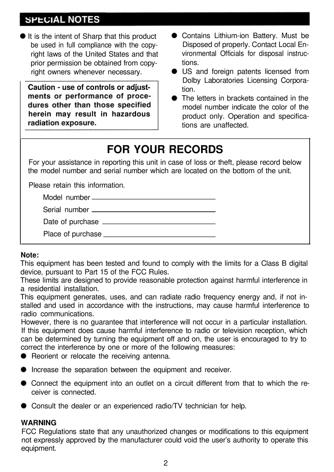 Sharp MD-MT821 manual For Your Records, Herein may result in hazardous 