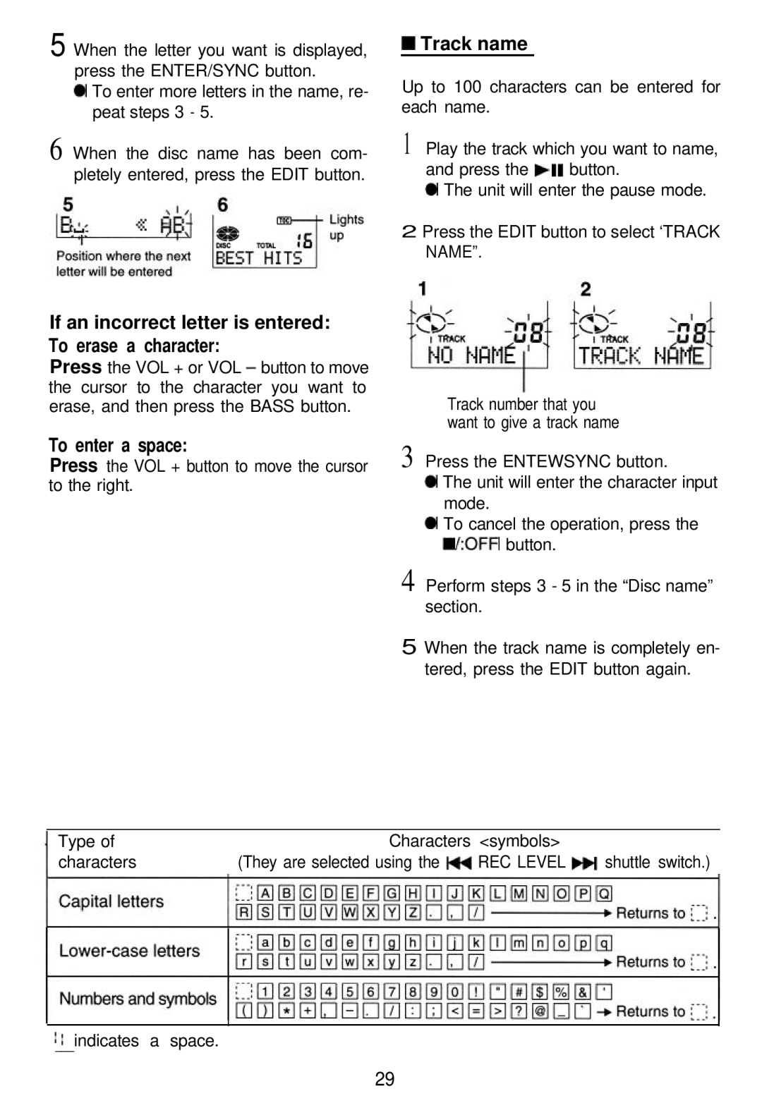 Sharp MD-MT821 manual If an incorrect letter is entered To erase a character, To enter a space, Track name 