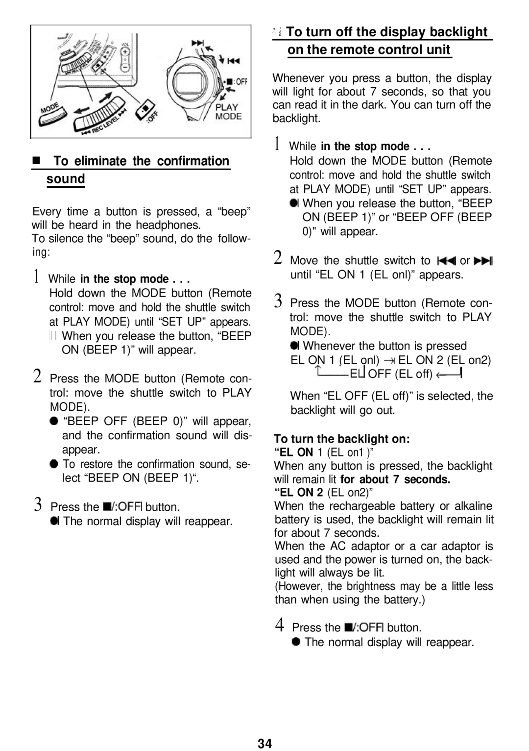 Sharp MD-MT821 manual To eliminate the confirmation sound, While in the stop mode, To turn the backlight on EL on 1 EL on1 