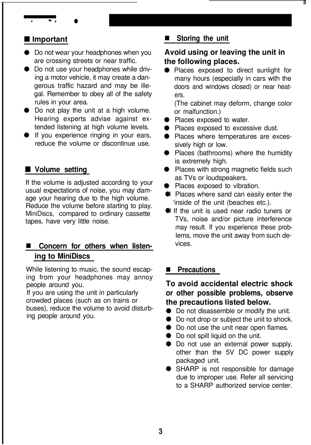 Sharp MD-MT821 manual Lmportant, Volume setting, Concern for others when listen- ing to MiniDiscs, Precautions 