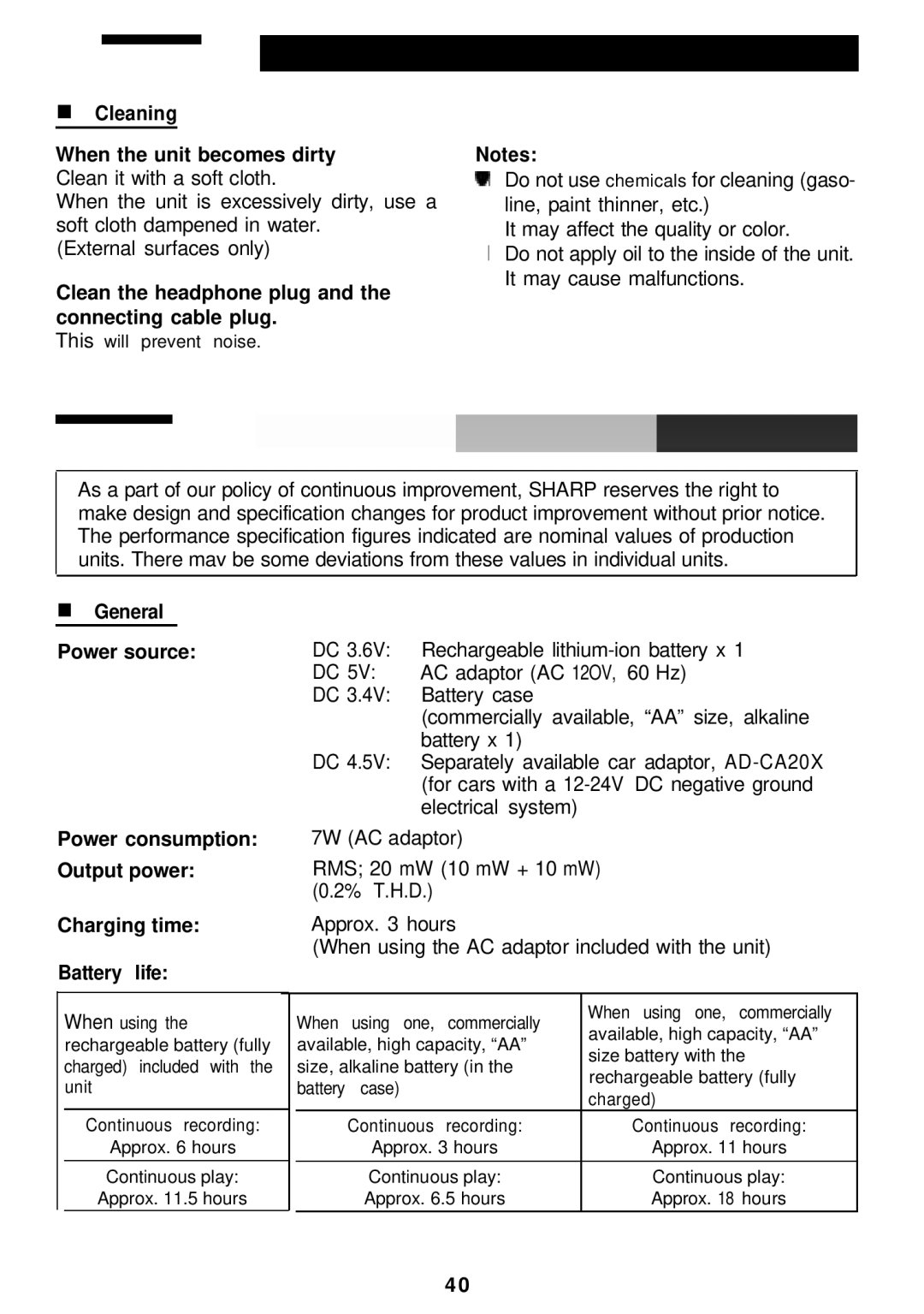 Sharp MD-MT821 manual Cleaning When the unit becomes dirty, Clean the headphone plug and the connecting cable plug 