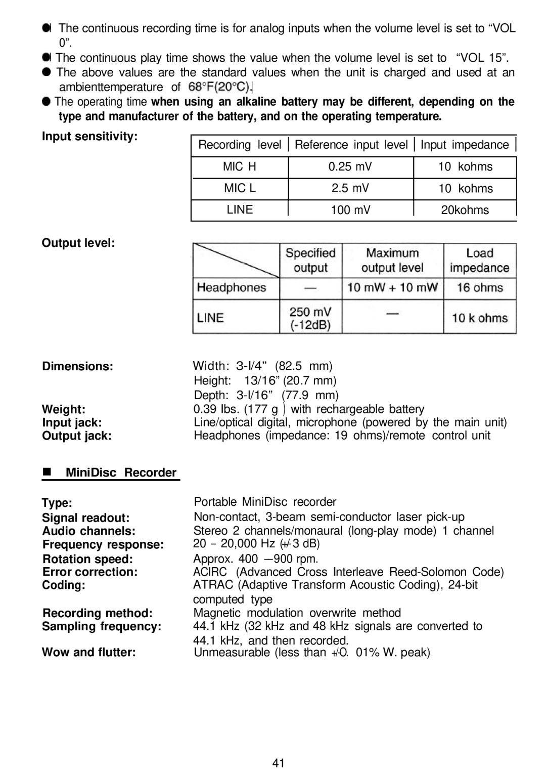 Sharp MD-MT821 manual Recording level 1 Reference input level 1 Input impedance, mV Kohms, 20kohms, Wow and flutter 