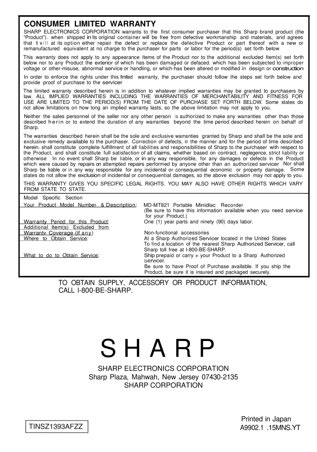 Sharp MD-MT821 manual Call l-800-BE-SHARP, Sharp Plaza, Mahwah, New Jersey, A9902.1 .15MNS.YT 