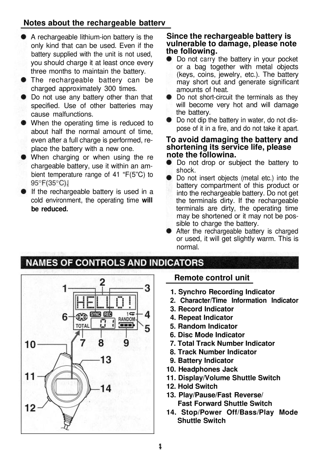 Sharp MD-MT821 manual Remote control unit, Be reduced, Do not drop or subject the battery to shock 