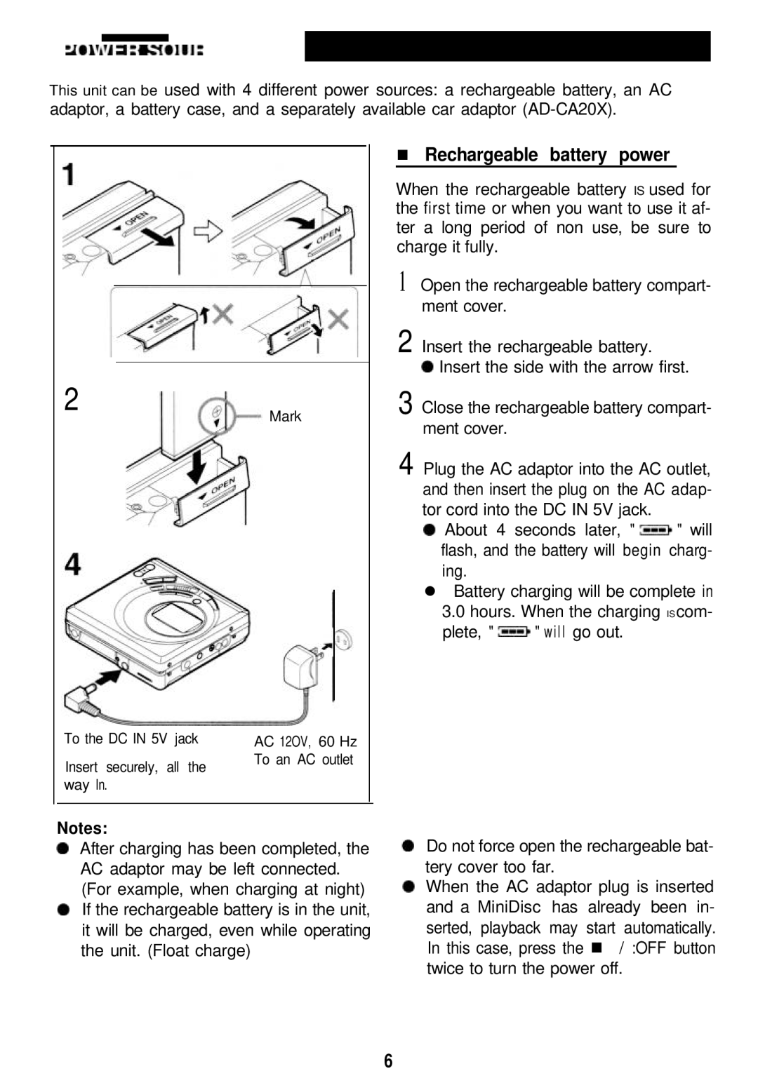 Sharp MD-MT821 manual Rechargeable battery power 