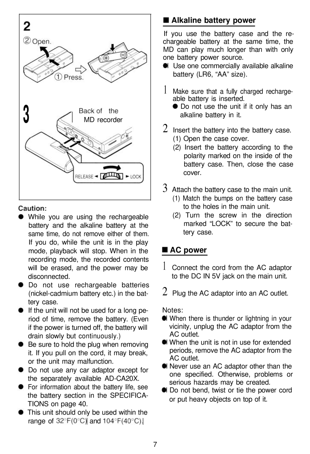 Sharp MD-MT821 manual Alkaline battery power, AC power 