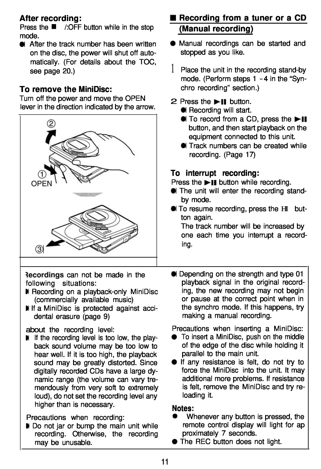 Sharp MD-MT821 manual After recording, To remove the MiniDisc, W Recording from a tuner or a CD Manual recording 