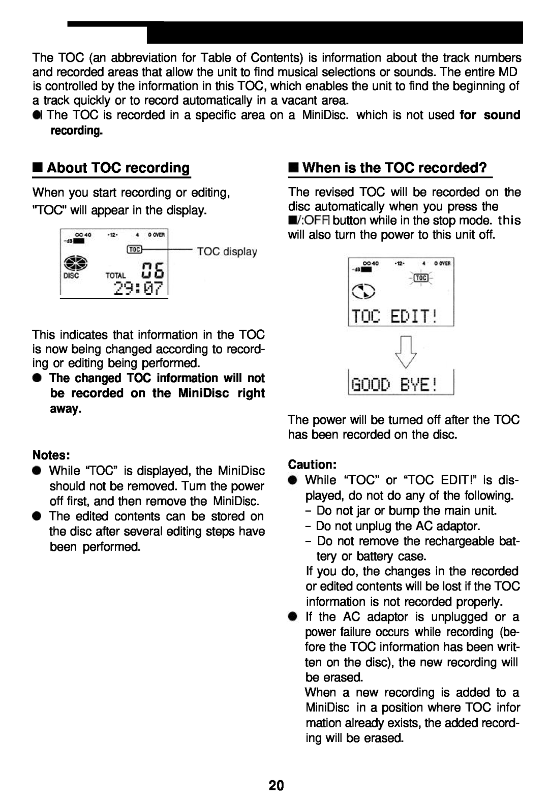 Sharp MD-MT821 manual W About TOC recording, w When is the TOC recorded? 