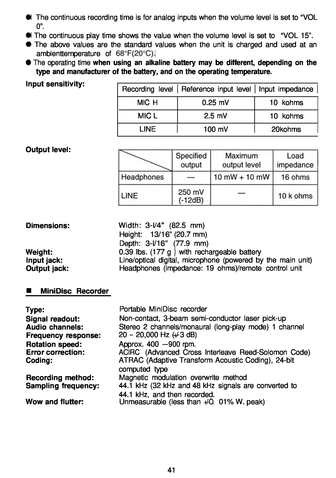 Sharp MD-MT821 manual Input sensitivity Output level Dimensions Weight, Input jack Output jack, nMiniDisc Recorder Type 