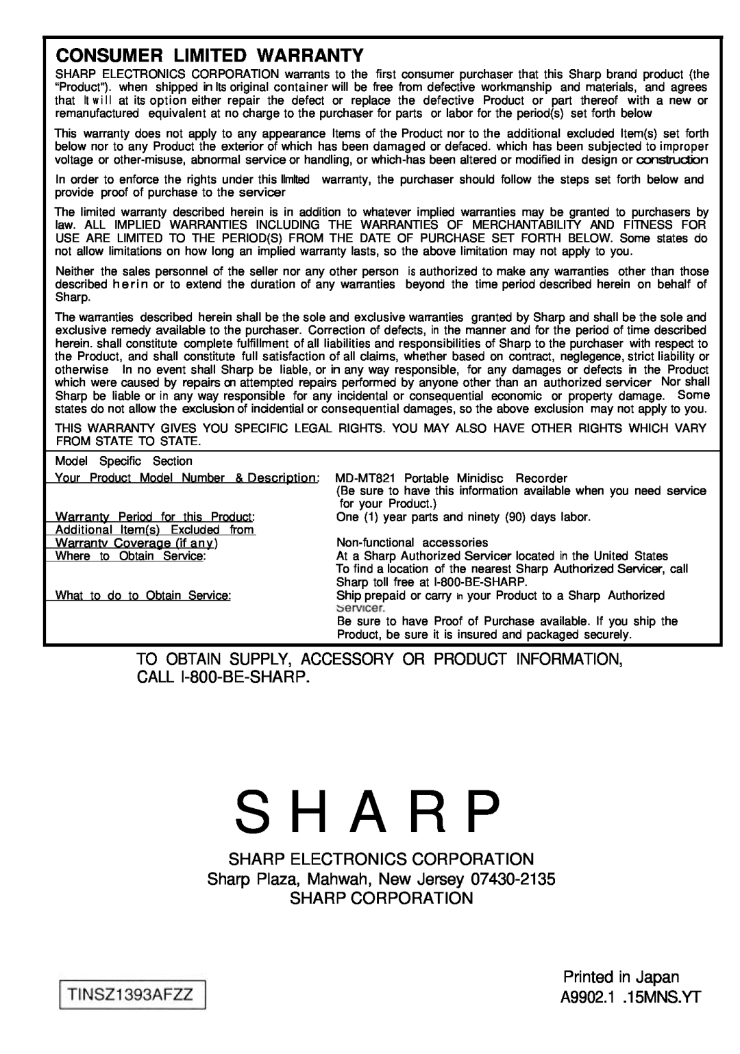 Sharp MD-MT821 manual Consumer Limited Warranty, S H A R P 