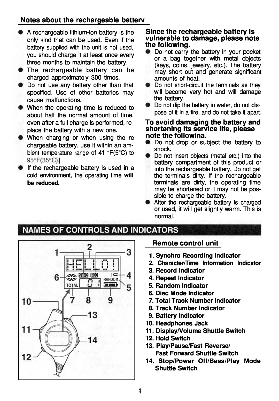 Sharp MD-MT821 manual Notes about the rechargeable batterv, W Remote control unit 