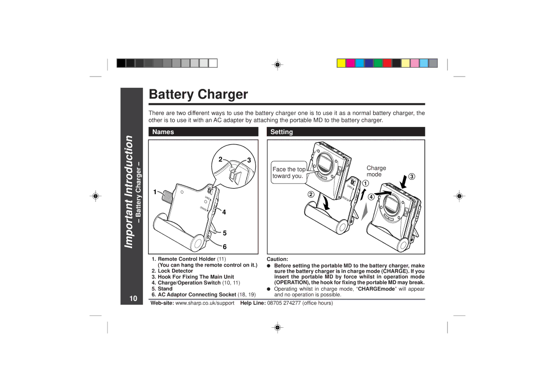 Sharp MD-MT866H operation manual Battery Charger, Battery- Charger Names Setting, Face the top Charge Toward you Mode 