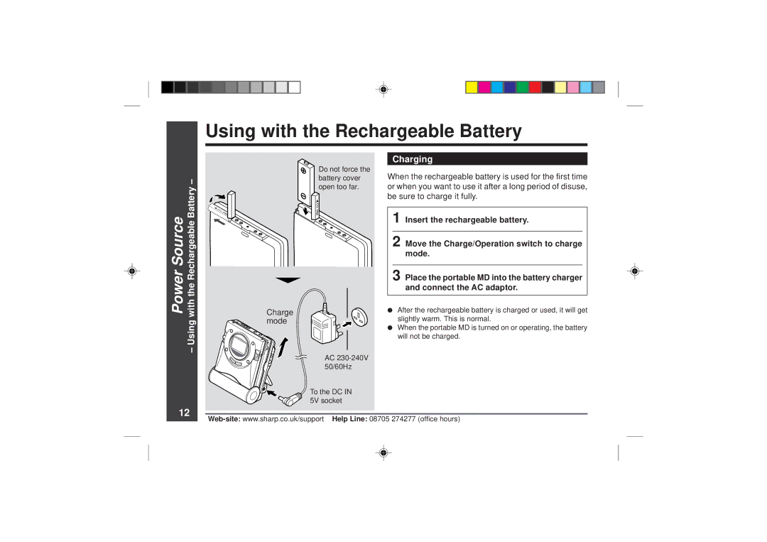 Sharp MD-MT866H operation manual Power Source Using with the Rechargeable Battery, Charging 