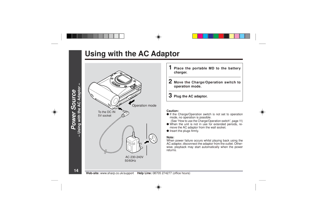 Sharp MD-MT866H operation manual Using with the AC Adaptor, Source, Operation mode 