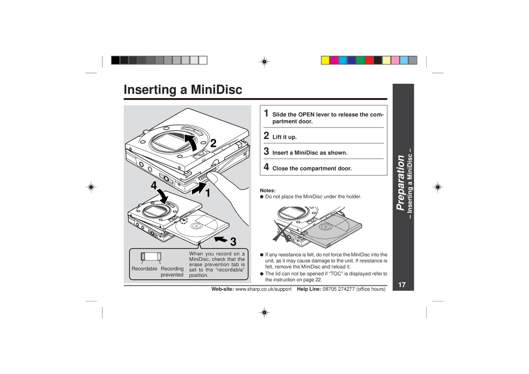 Sharp MD-MT866H operation manual Inserting a MiniDisc 